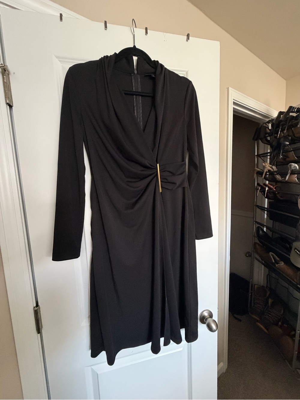 Donna Karan Black Long-Sleeve Draped Wrap Dress with Gold Accent